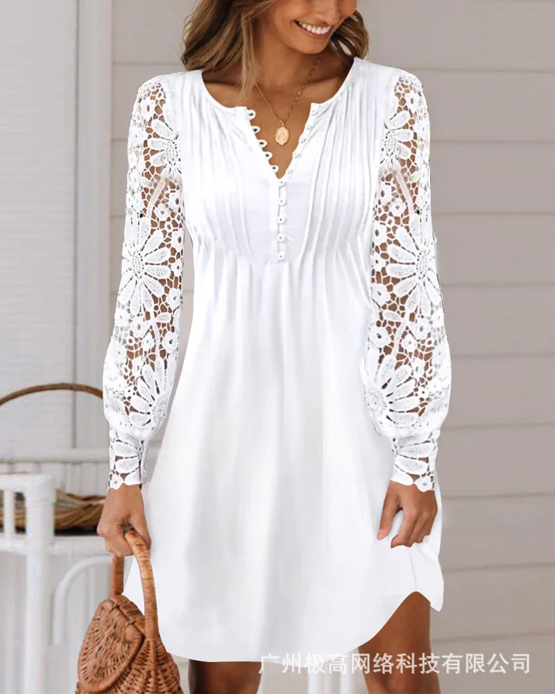 

2023 New Spring and Summer Women's Elegant Halter Lace Splicing Print Hollow V-neck Loose Casual Dress