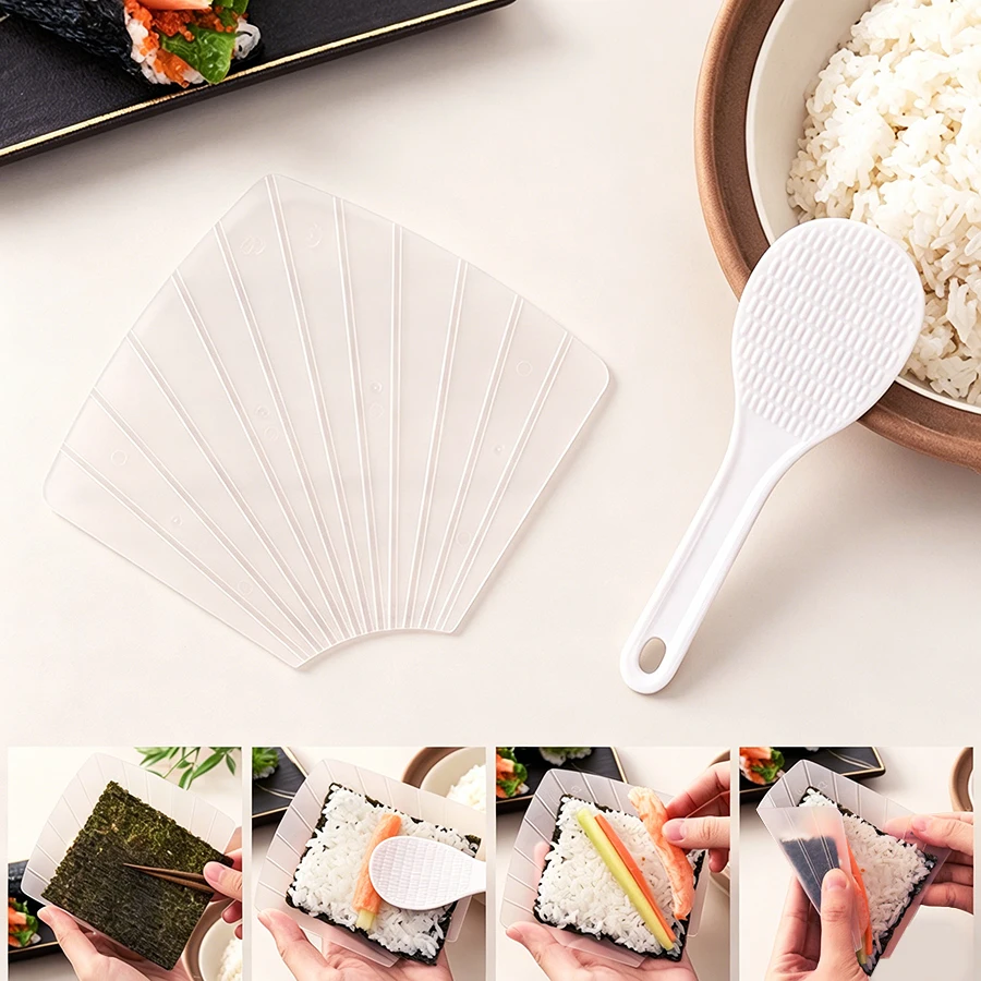 DIY 핸드롤 스시 몰드 키트, 2개의 재사용 가능한 오니기리 포장지와 밥주걱, 도시락 및 가정용 스시 만들기