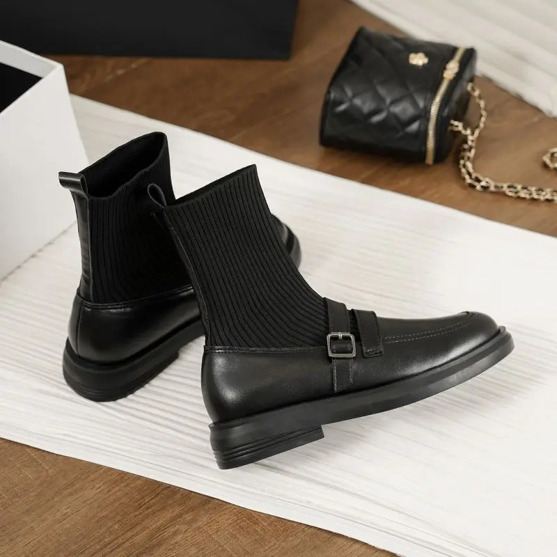 

Retro Style Small Leather Shoes Women Boots Fashion Modern Stretch Boots Ladies Casual Platform Shoes New Spring Autumn Boots