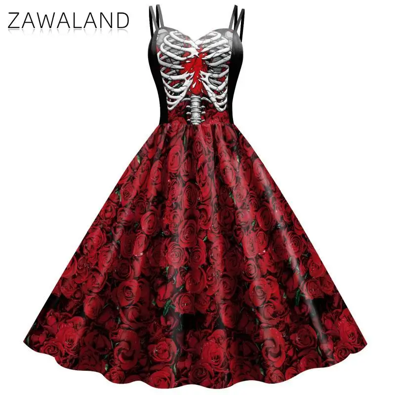 Cosplay Costume Girls Party Dress Zawaland Halloween Fancy Skeleton Rose Print Women Dress Girl Carnival Party Dresses Female Goth Horror Costume Rockabilly Dress
