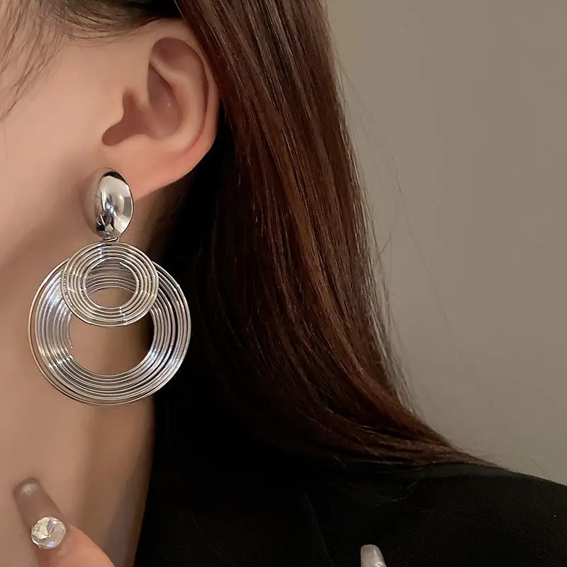 Trendy Metal Big Round Spiral Drop Earrings for Women Exaggerated Gold Color Hollow Geometric Statement Earrings Jewelry Gifts