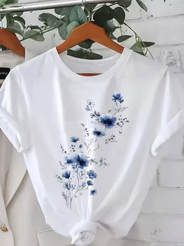 Women'S Floral Print T-Shirt  Blue Floral Design Casual Crew Neck Short Sleeve Spring Summer Fall Fashion Top Ladies T Shirts 1