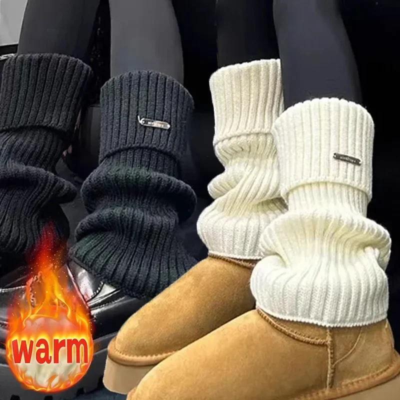 Fashion Knitted Black White Leg Warmer for Women Metal Label Socks Y2K Girls Lolita Cute College Style Heap Socks Leg Covers