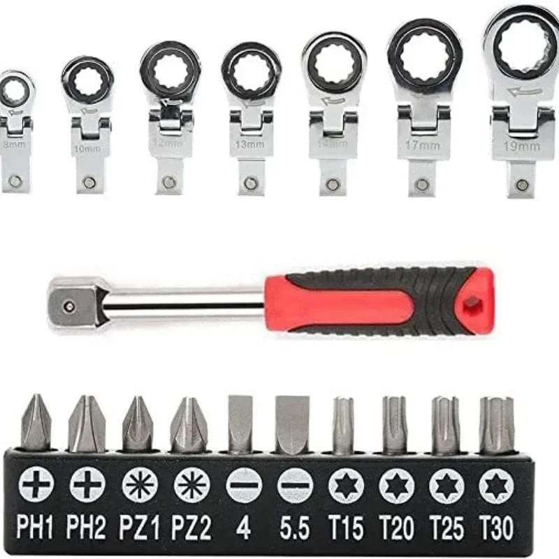 Interchangeable Variable Diameter Heads (8-19mm) Case 20PCS Flex Head Ratchet Wrench Set Metric Rotatable Combination Wrench