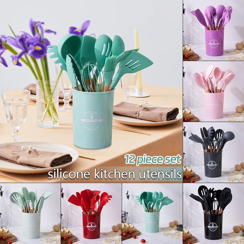 

Kitchen Utensil 12Pcs Set Silicone Cooking Non-Stick Spatula Gadget Spoon Set Storage Bucket Silicone Kitchen with Wooden Handle