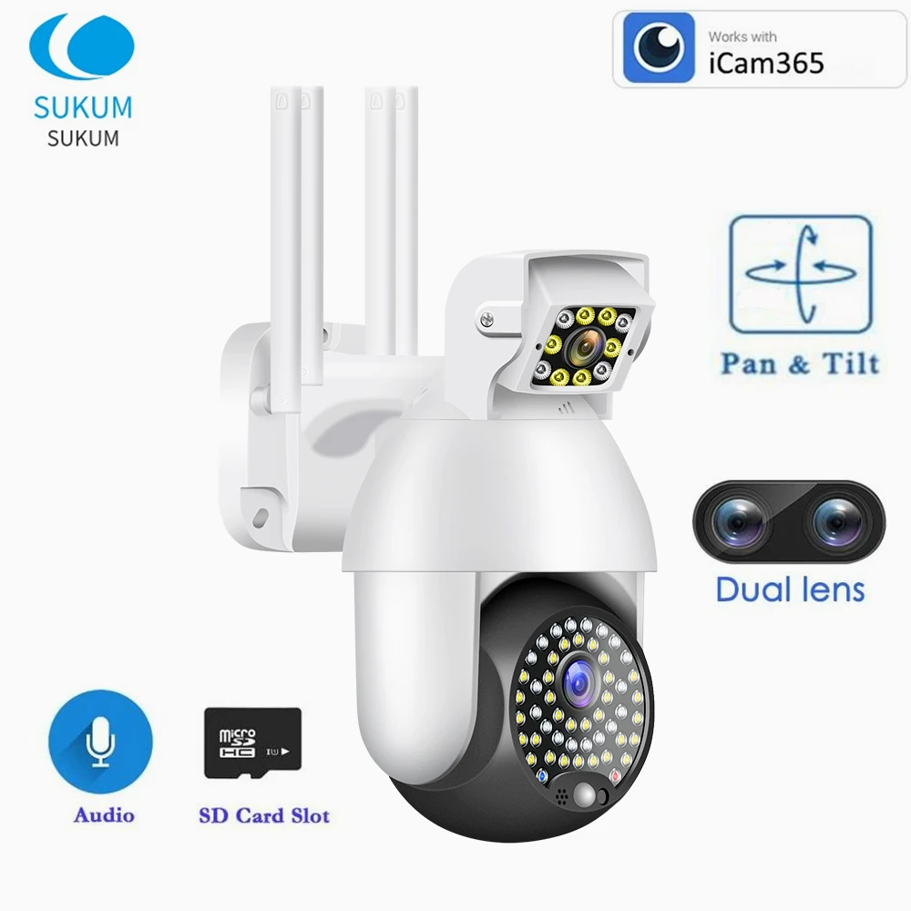 WIFI Dual Lens Camera 3MP ICAM365 APP Auto Tracking Waterproof Speed Dome Wireless PTZ IP Camera Security Protection