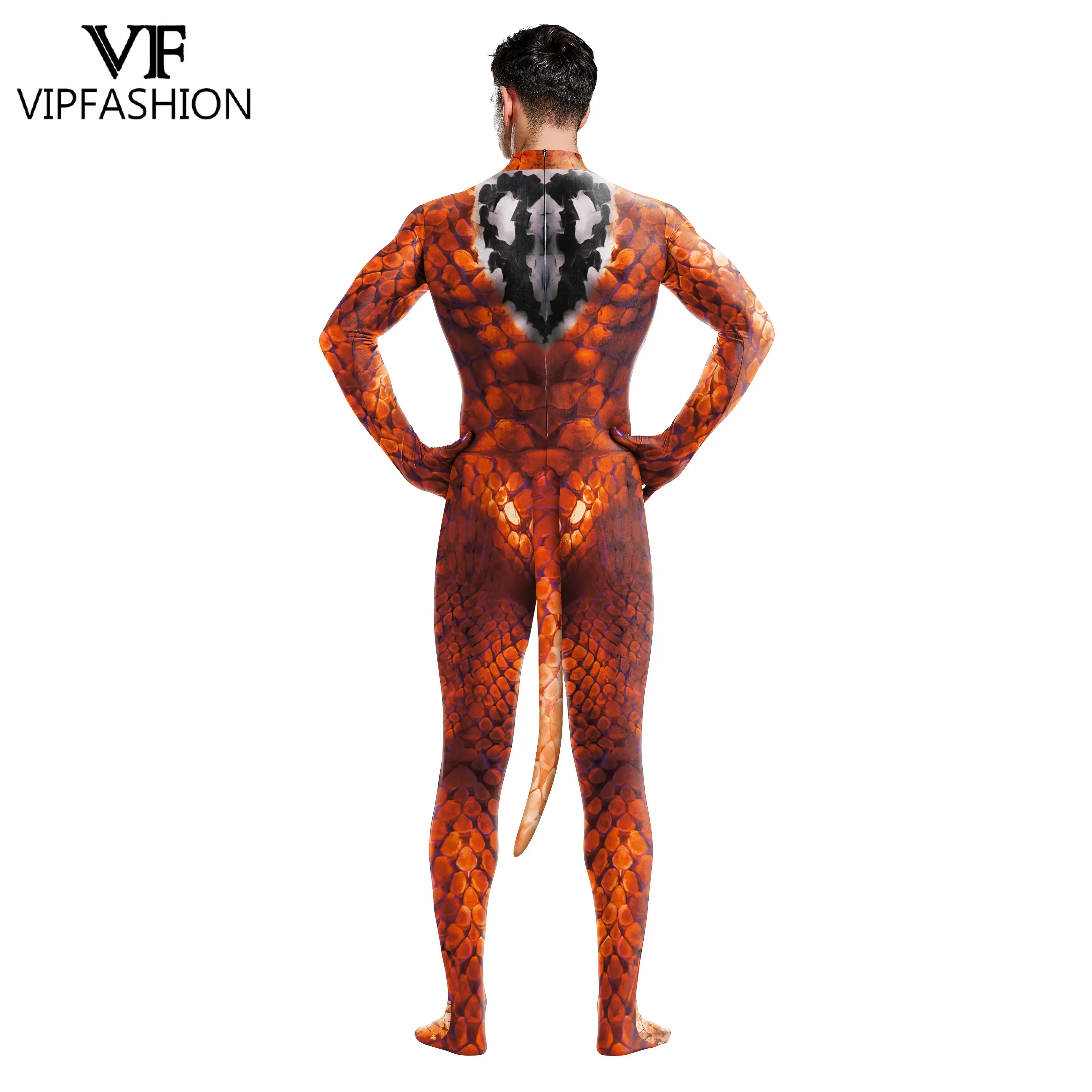 VIP FASHION Men Snake Cosplay Costume with Dog Tail Animal Printed Zentai Bodysuits Male Sexy Jumpsuit Halloween Party Outfit