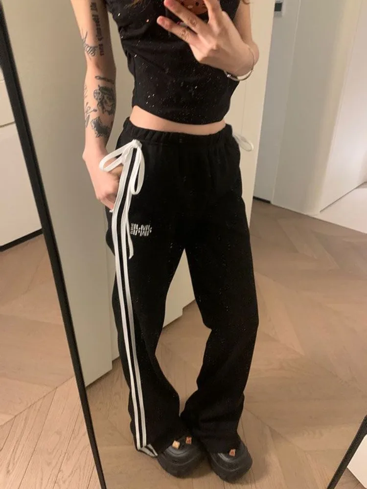 HOUZHOU Y2k Black Striped Sweatpants Woman Korean Fashion Spring Gyaru Wide Leg Sports Pants Streetwear Harajuku Trouser Kpop