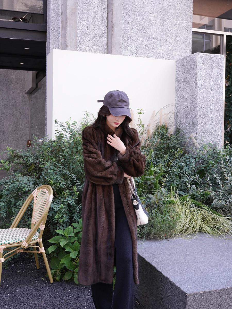 Lautaro Winter Long Luxury Elegant Stylish Thick Warm Fluffy Soft Brown Faux Mink Fur Coat Women Puff Sleeve Stand Collar 2025