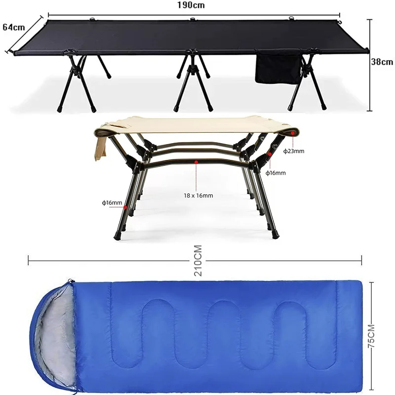 Camping Bed Heavy Duty Lightweight With Pockets Height Adjustable Heightening Folding Bed Hiking Camping Travel Sleeping Bag