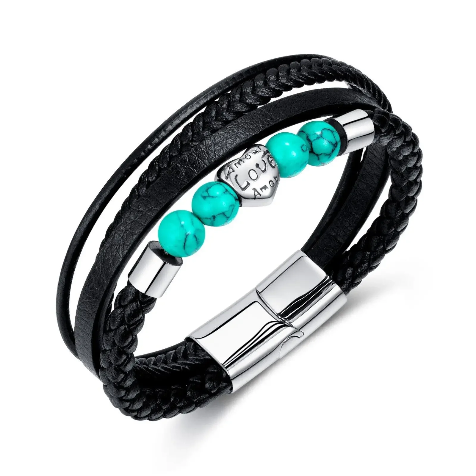 

CHUANGCHENG Blue Turquoise Stainless Steel Heart Beads Unique Hand-Woven Leather Men Bracelet Friendship Bracelets