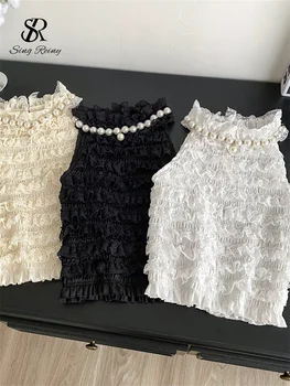 SINGREINY Perle Halter Dolce Top Backless Patchwork di pizzo Senza maniche Skinny Ruffles Camicetta Donna 2025 Francia Elegante camicia chic 1