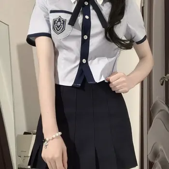 일본 학생 JK 교복 여름 달콤한 카와이 유니폼 세트, 빈티지 귀여운 소녀 네이비 블루 셔츠와 미니 플리츠 스커트 세트