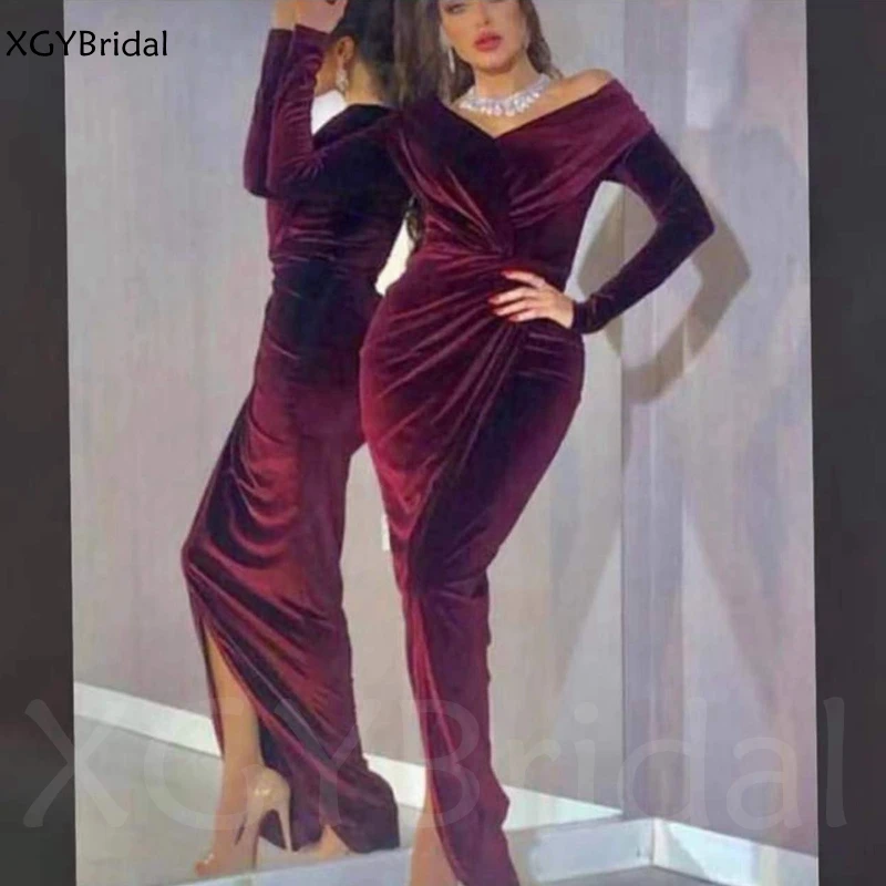 

New Arrival V Neck Velvet Burgundy Long sleeve Evening dresses Abendkleider 2024 dubai Evening gowns Robe de soiree
