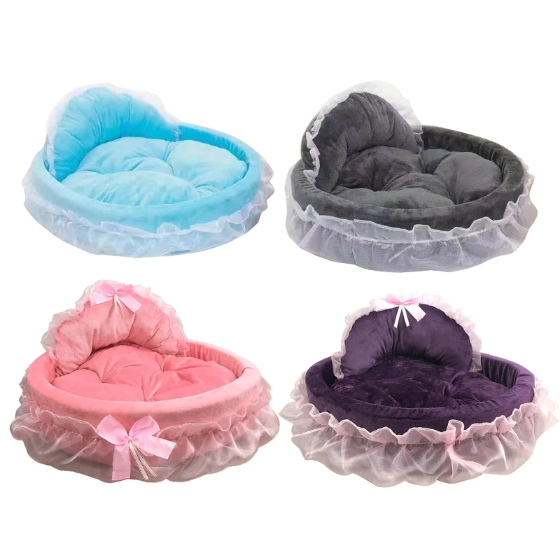 

Dog Bed Stylish Lace Princess Nest for Small Puppy Kitten Ribbon Bowknot Princess Pet Bed with Detachable Cushion