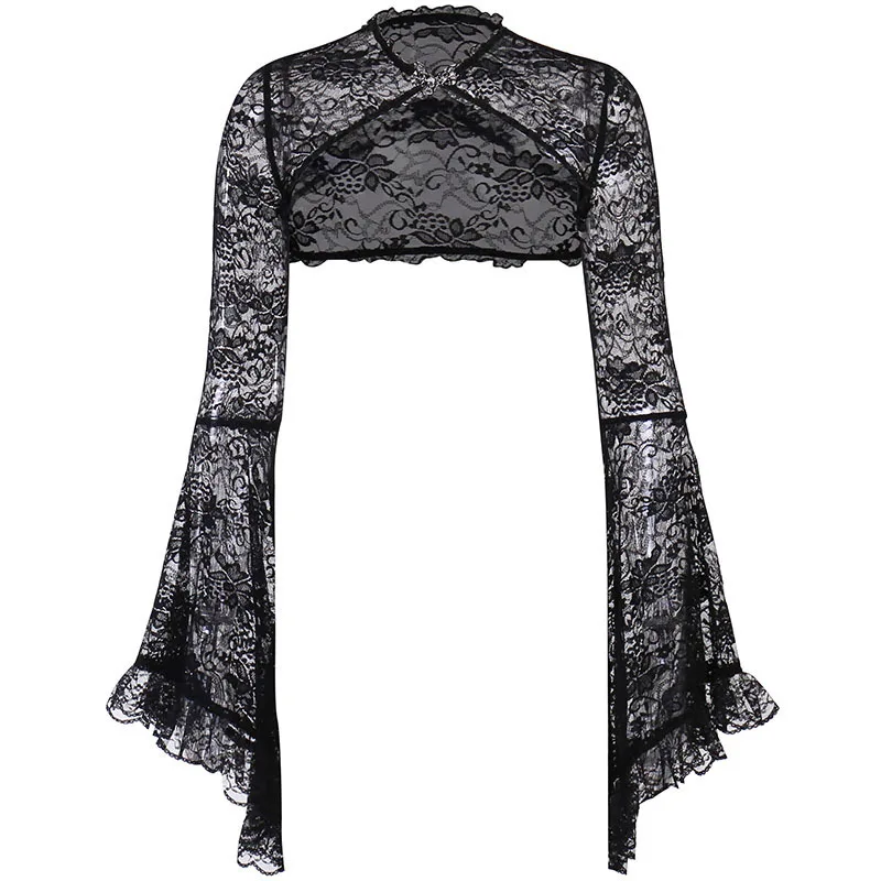 Lace Mall Gothic See Through Shrug Tops Grunge Aesthetic Black Flare Sleeve Crop Top Women Vintage Punk Sexy Clothing