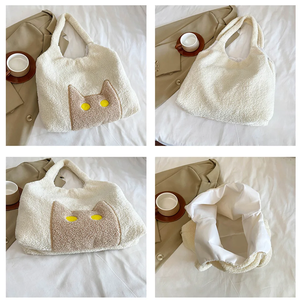 Lambs Wool Plush Tote Bag for Women Cute Cat Shoulder Bag