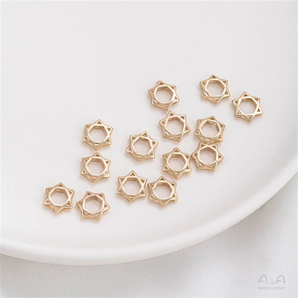14K 골드 컬러 도금 황동 중공 6 지적 스타 비드 반지 수제 구슬 분리 반지 DIY 체인 쥬얼리 액세서리