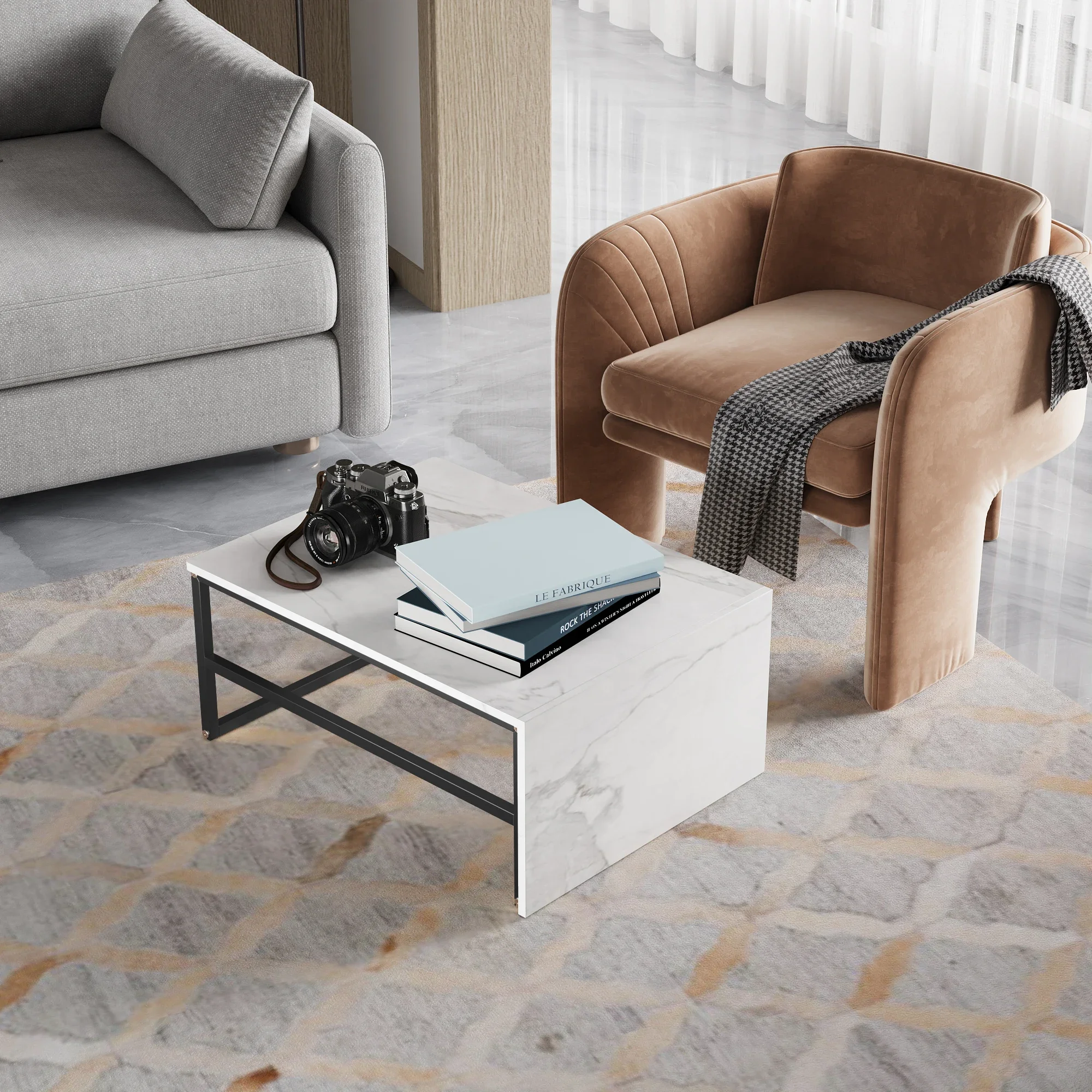 Rosahqnda 2er-Set Couchtische, Beistelltische, Marmoroptik mit Metallrahmen und Regal, Couchtisch, Wohnzimmertisch – Detail 16