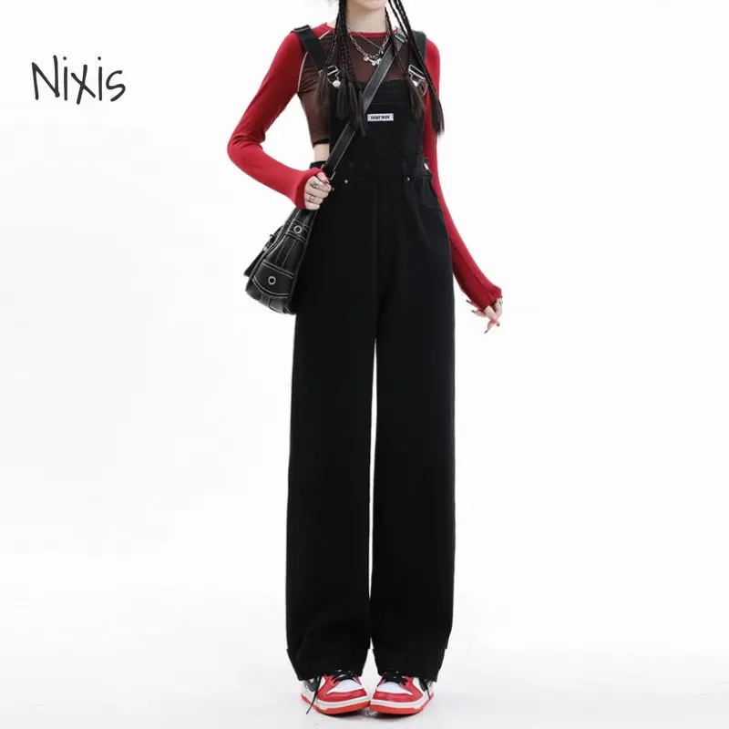 Black Denim Jumpsuit Women's Retro Overalls 2023 Spring Summer Fashion Loose Straight Jeans Pants Y2k Clothing Streetwear Feamle