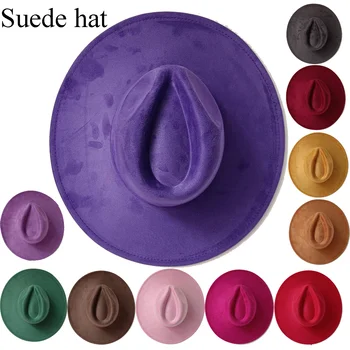Suede Top Hat 9.5cm Wide Brim Fedora Hat Men Women Autumn Winter Felt Jazz Hats Classic Church Fedoras Chapeau Sombrero Mujer