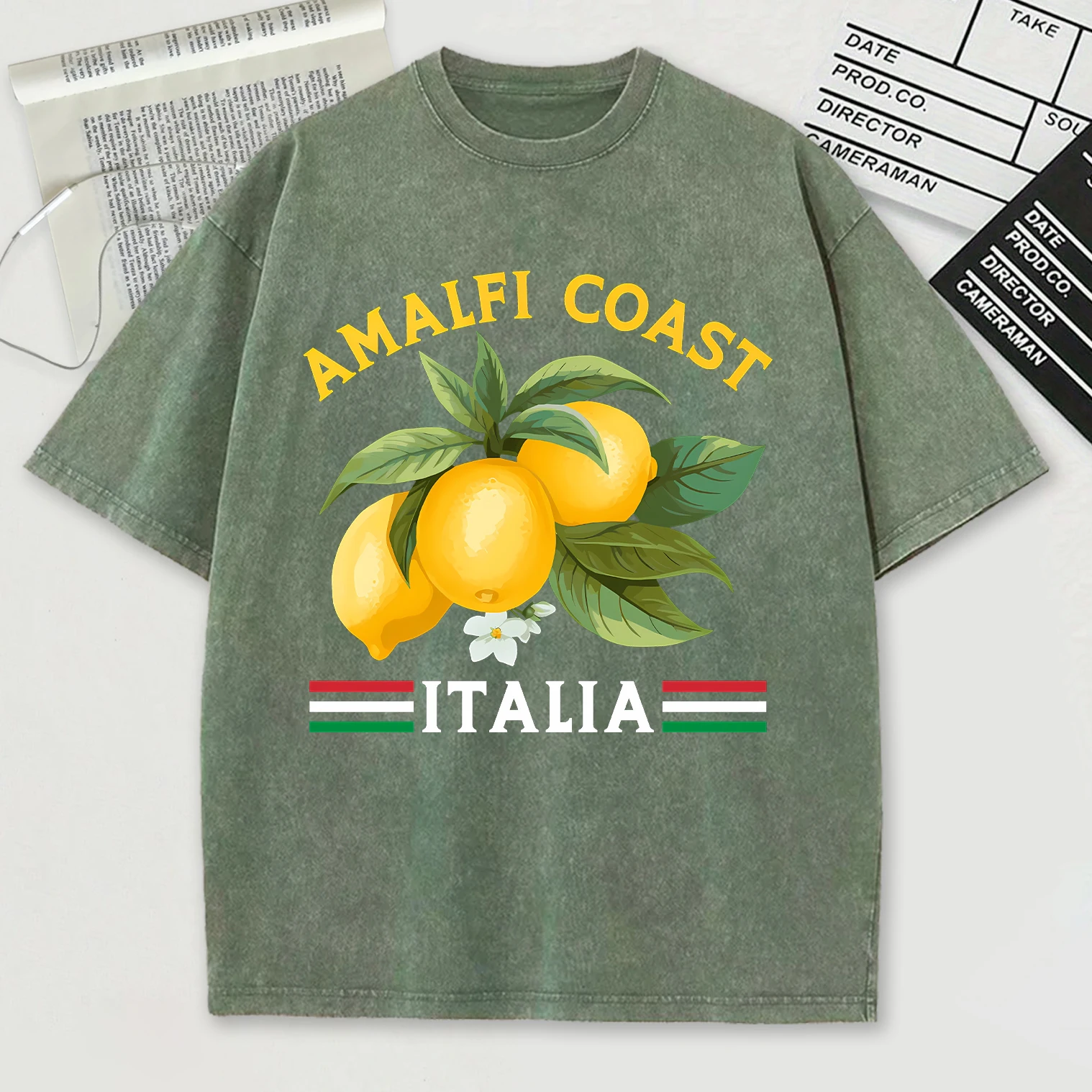 Amalfi Coast Italia Design Snow Wash T-Shirt Herren Sommer Bequeme Kurzarm Lose Unisex Baumwolle Tops Trendy All-Match Top – Detail 10