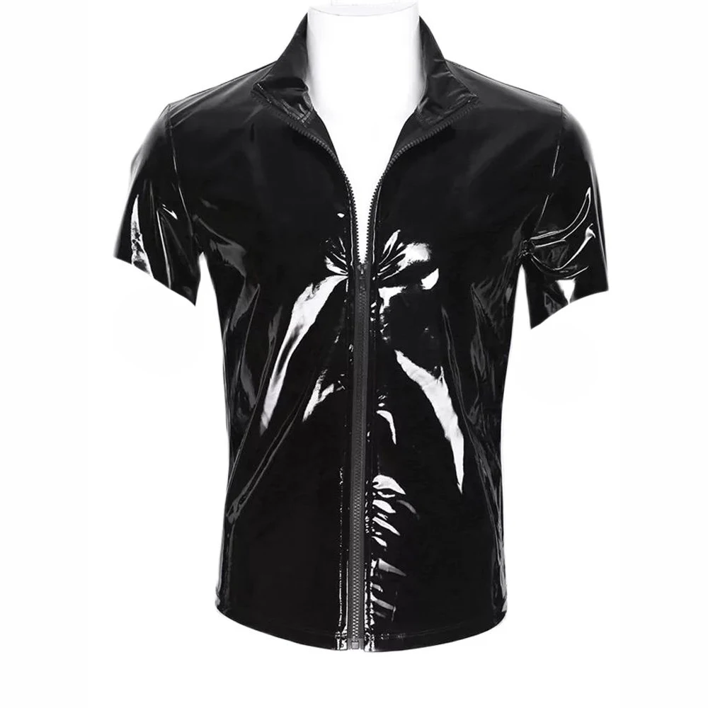 Neue Glänzende Kunstleder-Jacken Kurzarm T-Shirt Wet-Look PVC T-Shirt Eng Anliegende Sexy Bodybuilding Hot Shapers Muskel-Tops – Detail 10