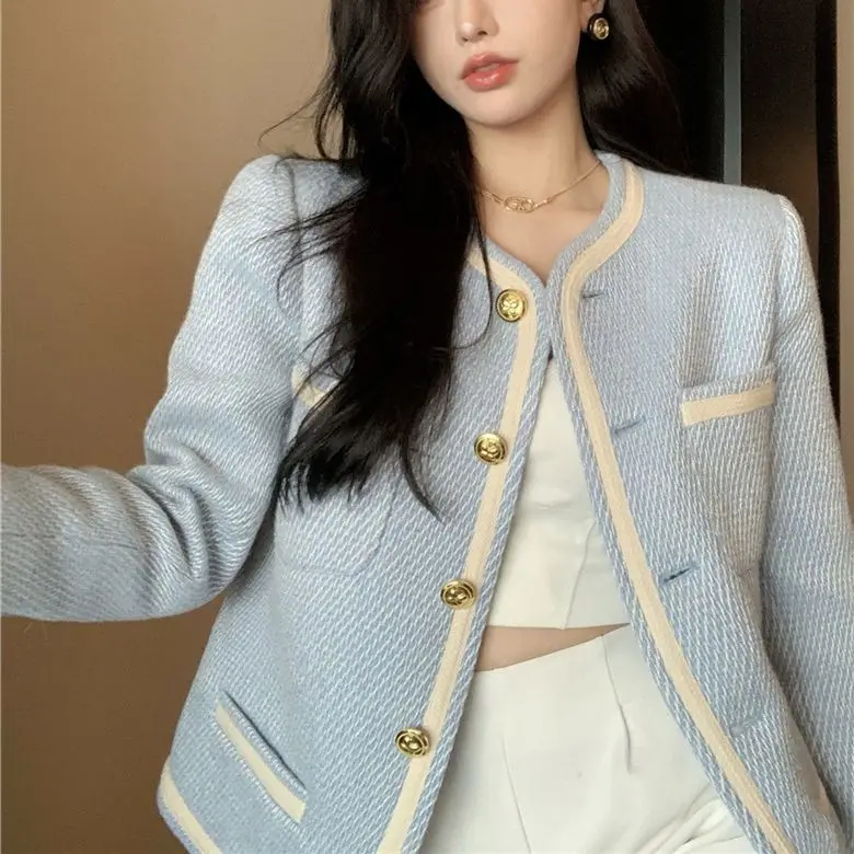 

Hsa Chic Tweed Coat Female Elegant O Neck Cropped Blue Jacket Women Fall 2023 Luxruy Korean Fashion pocket white Outwear Tops