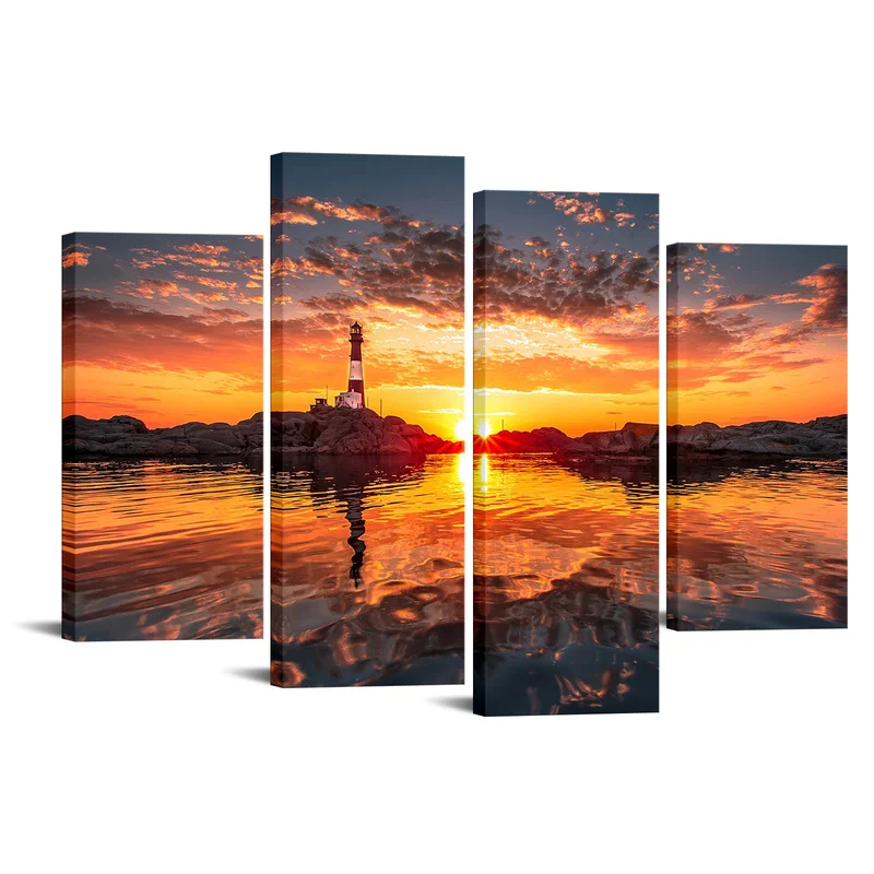 

4 Pieces Beautiful Sunset Wall Art Poster Lighthouse on Coast Print Canvas Art Modern Style Picture Living Room Home Decor