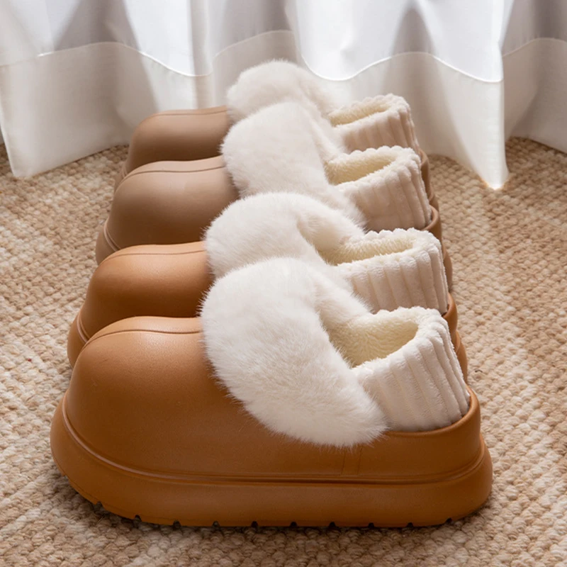 Fashion Chunky Platform Plush Slippers Women Outdoor Non Slip Waterproof Cotton Padded Shoes Woman Comfort Warm Fluffy Slippers