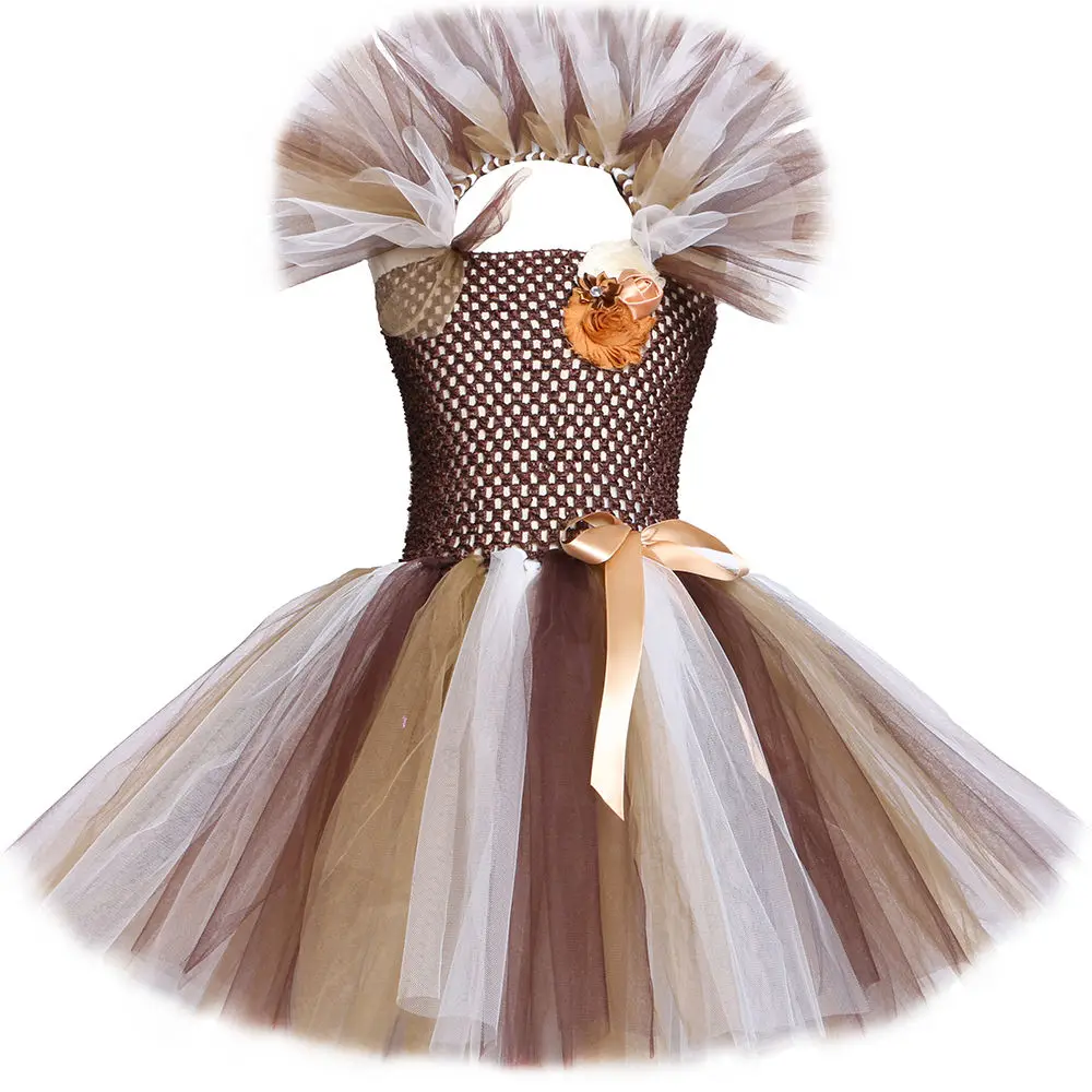 Brown Wild Lion Mane Tutu Dress for Girls Animal Themed King Lion Costume Kids Toddler Halloween Carnival Party Dress Up Outfits