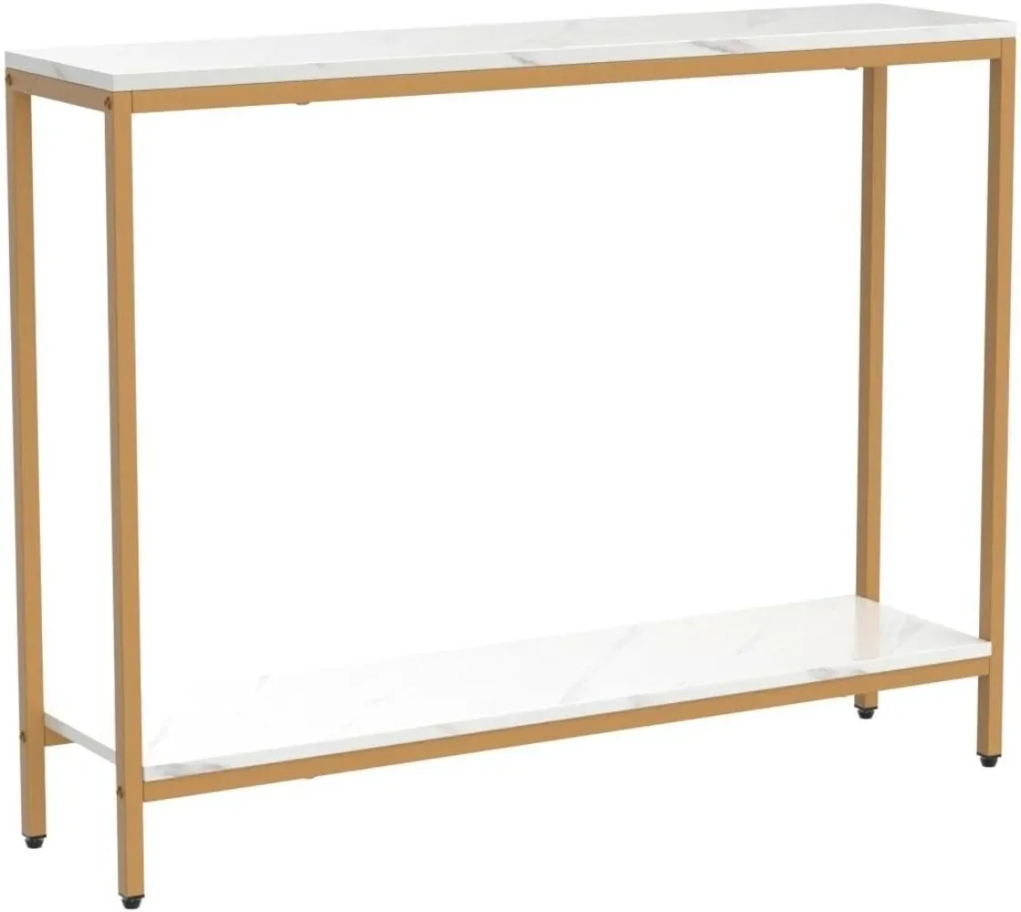Console Table for Entryway, Faux Marble MDF Sofa Table with Golden Frame (Double Layer, White Marble) 4