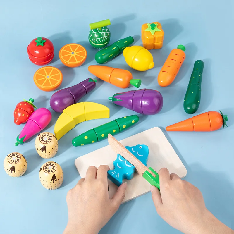 Simulation Kitchen Pretend Play Toy Magnetic Wooden Cutting Fruits Vegetables Classic Game Montessori Educational Toys For Kids 2