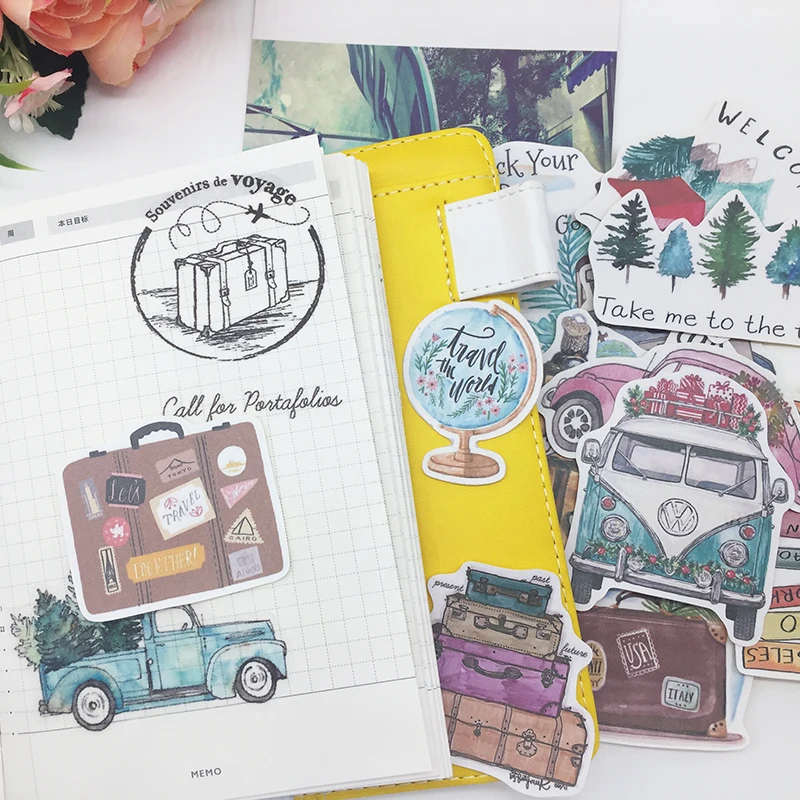 24PCS DIY scrapbooking 손으로 그린 ??스티커 식물 나무 자동차 버스 느린 생활 앨범 저널 해피 플래너 라벨 장식 스티커