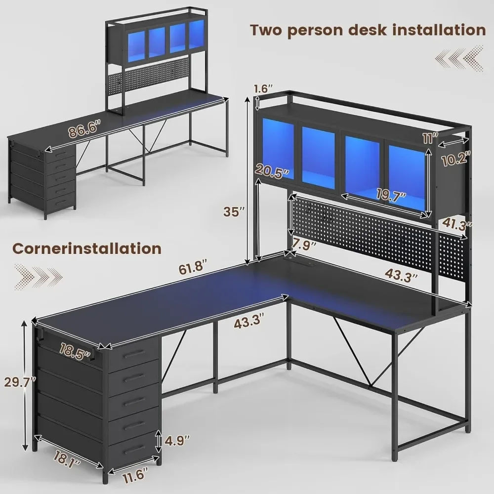 L Shaped Computer Desk with Hutch and Storage Shelves, Gaming Desk with Pegboard, Led Lights, and Power Outlet, Home Office Desk 3