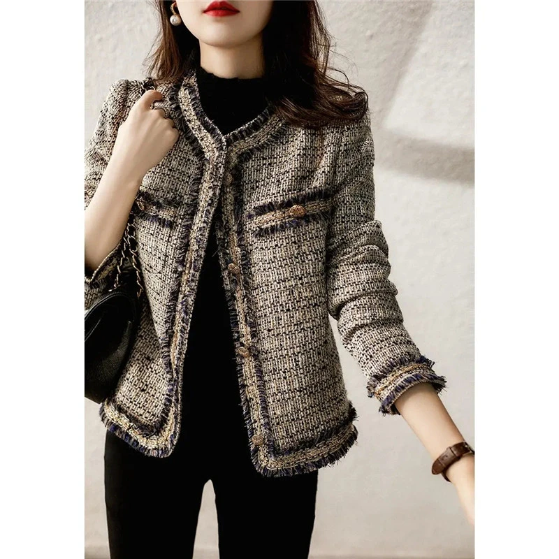 GETADME Wool Blended Woven Tweed Plaid Women Coat Small Fragrance High Quality O Neck Casual Orange French Female Jacket Autumn Winter