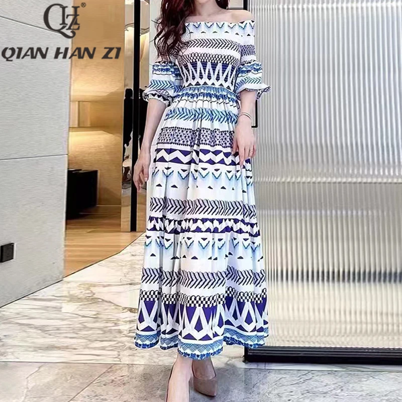 

QHZ Designer sexy Slash neck fashion woman long dress 2023 Vintage lantern sleeves pattern print Indie Folk Bohemia Maxi Dress