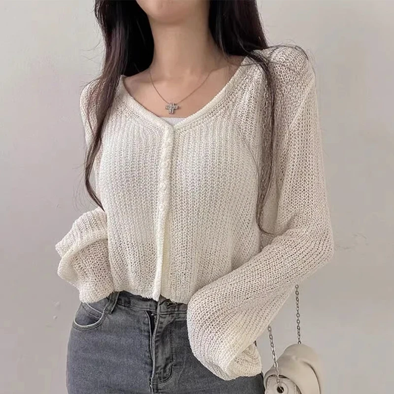 

Elegant Solid Color Crops Sweaters Women Ulzzang V-neck Knitting Leisure All-match Basic Single Breasted Sun-proof Cardigan