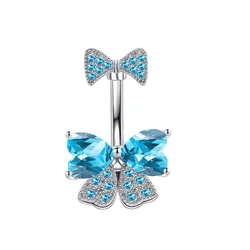 Pink Crown Heart Belly Button Ring with Crystal Accents - Stainless Steel Navel Jewelry (Style3 Blue)