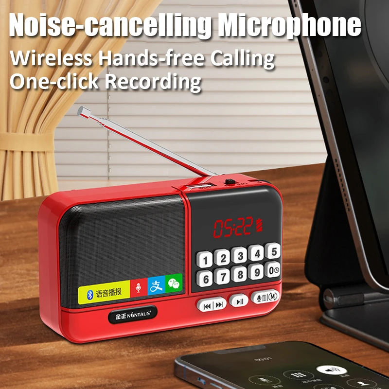 Mini Radio Portable FM Receirver Wireless Bluetooth Speaker TF Card/USB/Headphone Music Player Recorder with LED Digital Display