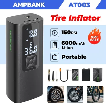 AMPBANK AT003 Pompa d'aria automatica per pneumatici per auto Gonfiatore per pneumatici Compressore d'aria portatile 150PSI con schermo LED batteria da 6000 mAh