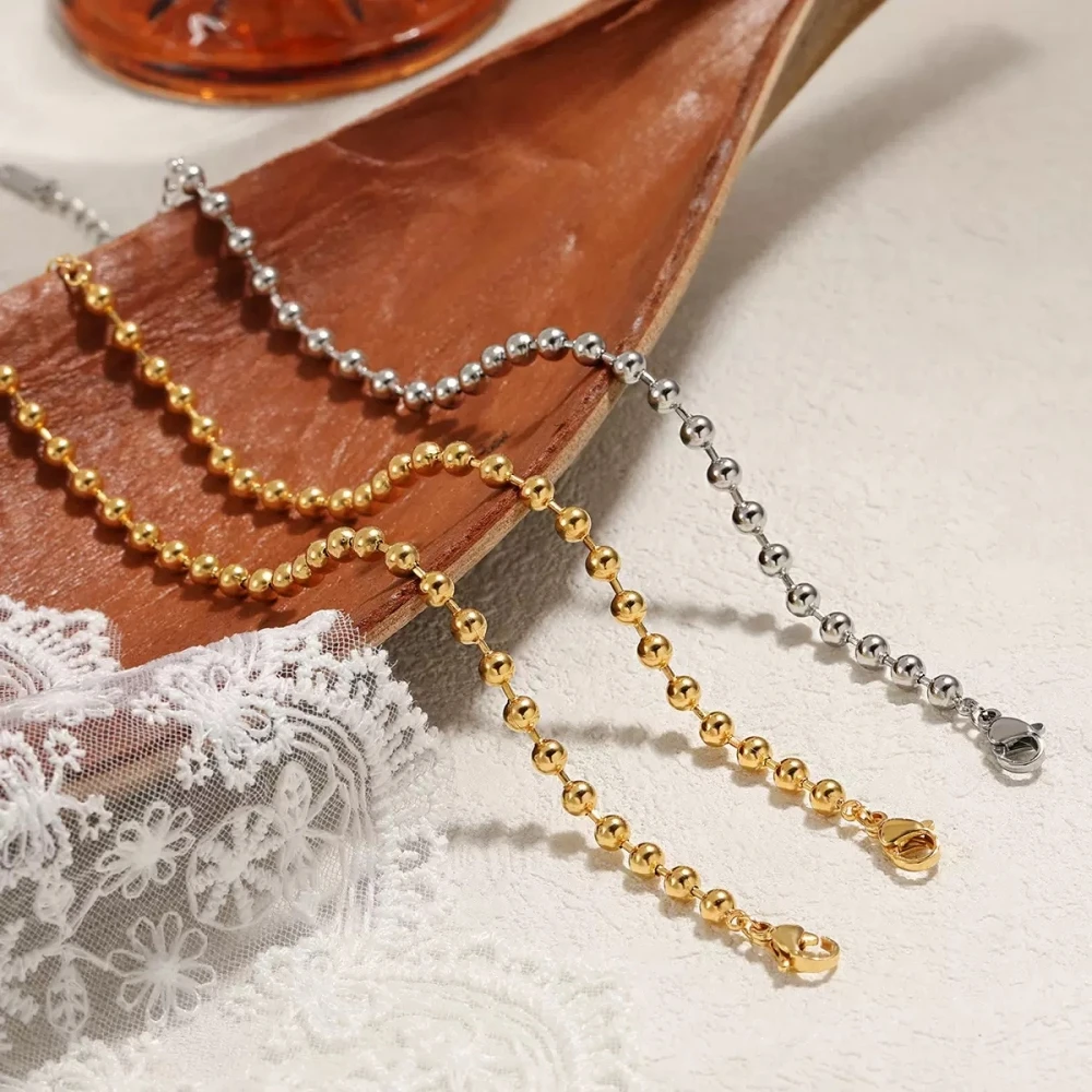 Beaded Chain Bracelets Stainless Steel Gold/ Silver Color 4 mm For Women 18K Gold Jewelry Accessories