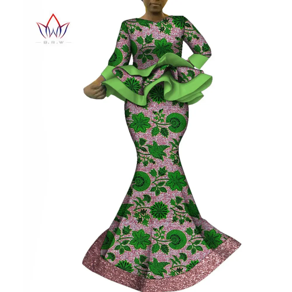 Africa Clothing 2 Piece Outfits Sets Dashiki Pleated Ruffle Tops and Long Skirt with Sequin Hem African Wedding Dress WY10325 sexy sequin vintage style hollow pleated luxury prom birthday vestido long sleeved female elegant evening party club dress
