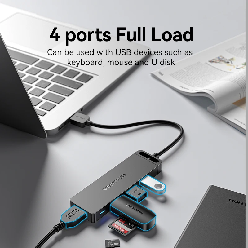 Hub Vention 3.0 a 4 porte, sottile, USB, per mouse e tastiera, compatibile con MacBook Pro, Air, PC, laptop, Xiaomi, Xbox e PS5._voghion.com