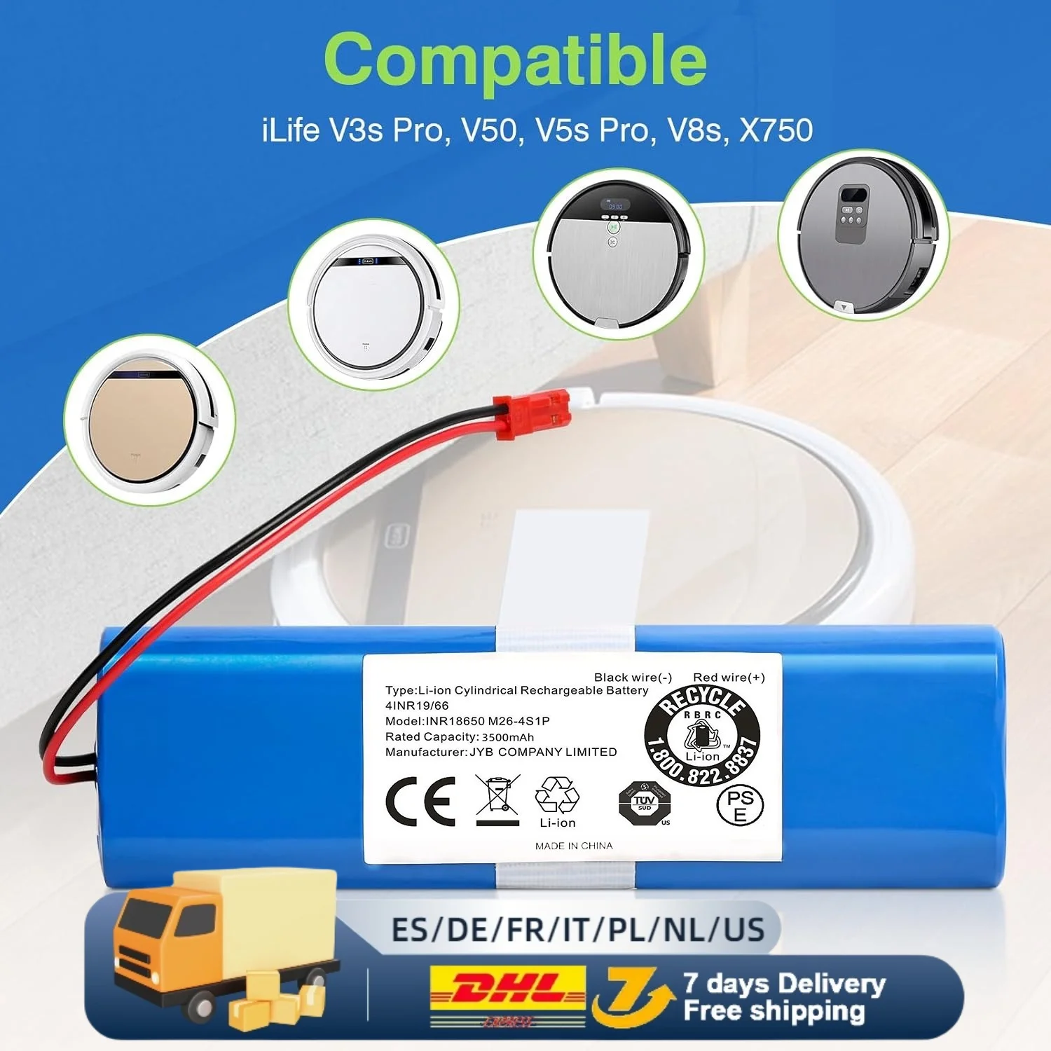 14.8V Battery 2600mAh Lithium Battery for ILIFE V3s Pro V50 V5s Pro V8s V80 Max B5 Max S5 Pro X750 Robot Vacuum Cleaner Battery