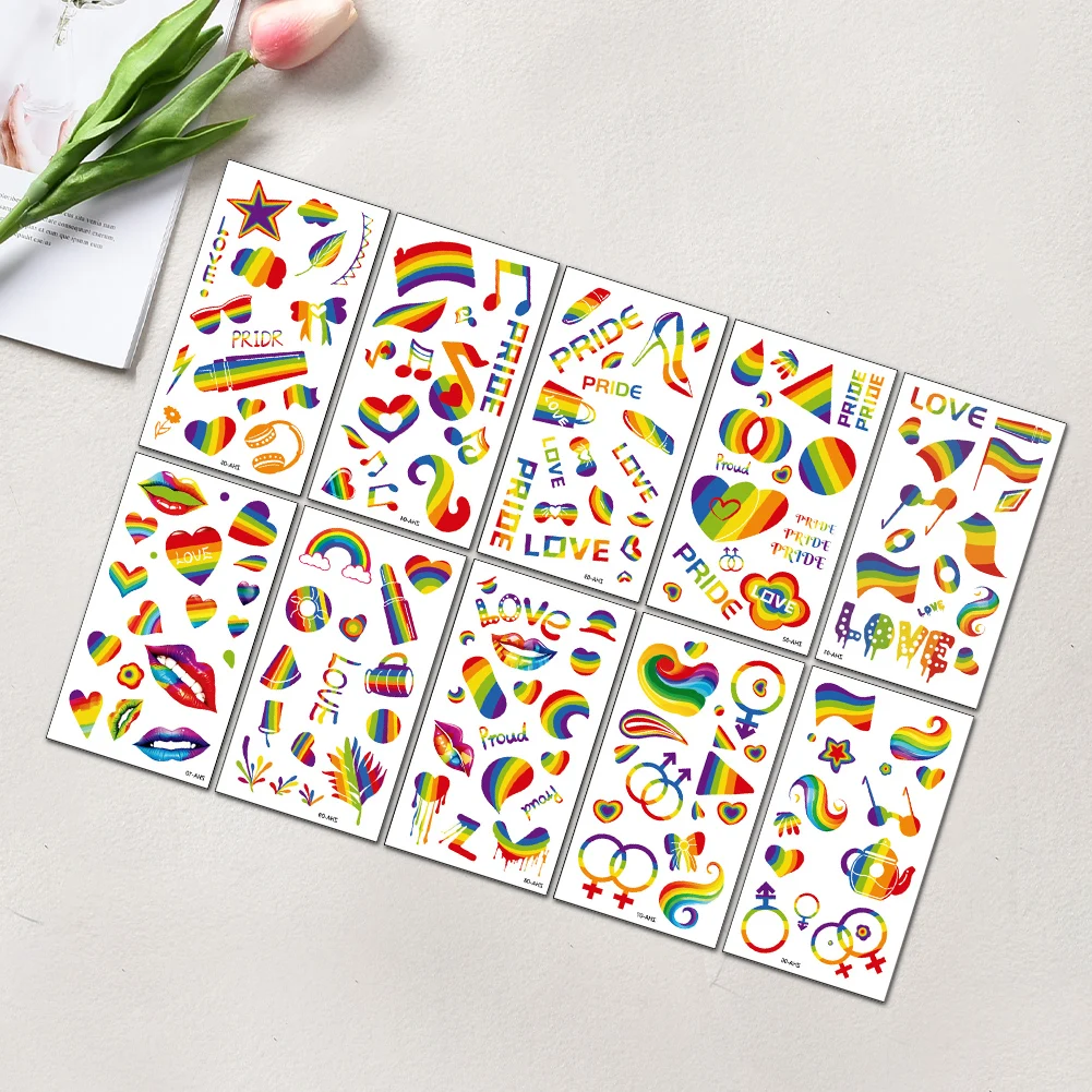 10 Sheets LGBT Rainbow Temporary Tattoos Waterproof Rainbow Flag Tattoo Stickers Pride Tattoos for Pride Equality Parades