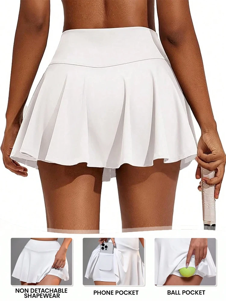 FINETOO Women's Solid Color Shorts With Phone Pocket,Women's Yoga Golf Clothing,High Waisted Tennis Style Pleated Skirts