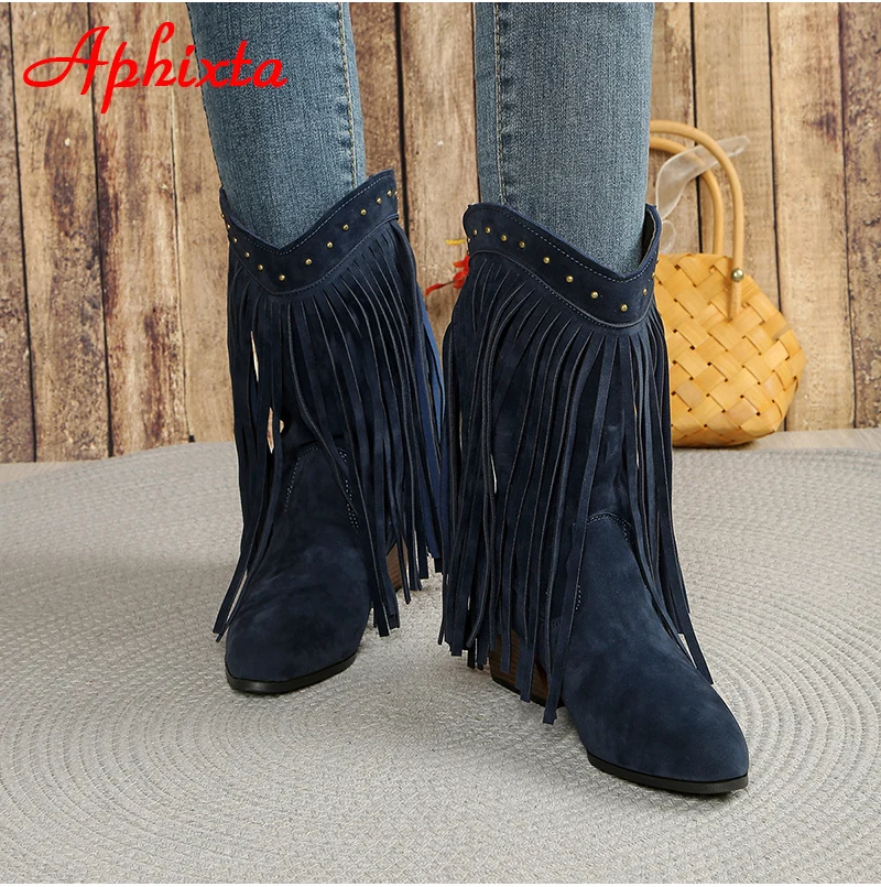 Aphixta Blue Flock Mid-Calf Boots 6cm Square Heel Tassel Design Size Zip Fringe Woman Shoes Big Size 43 Cowboy Western Boot