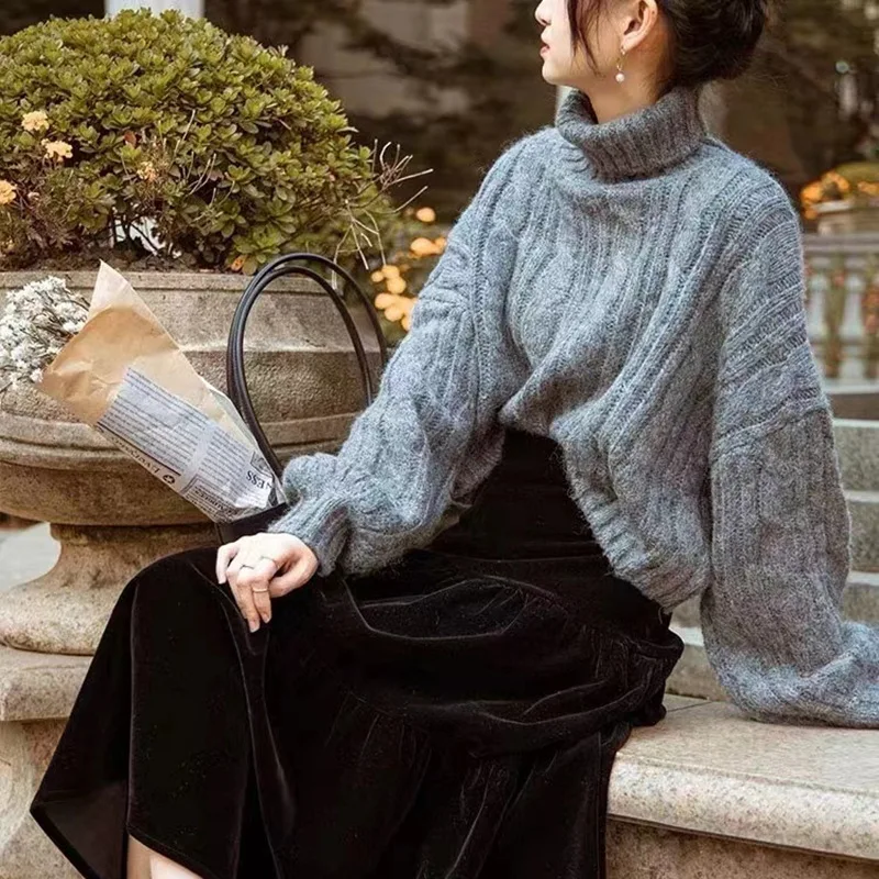 

French ladies' sweater solid color turtleneck short sweater twist loose slim sweater coat thick autumn and winter