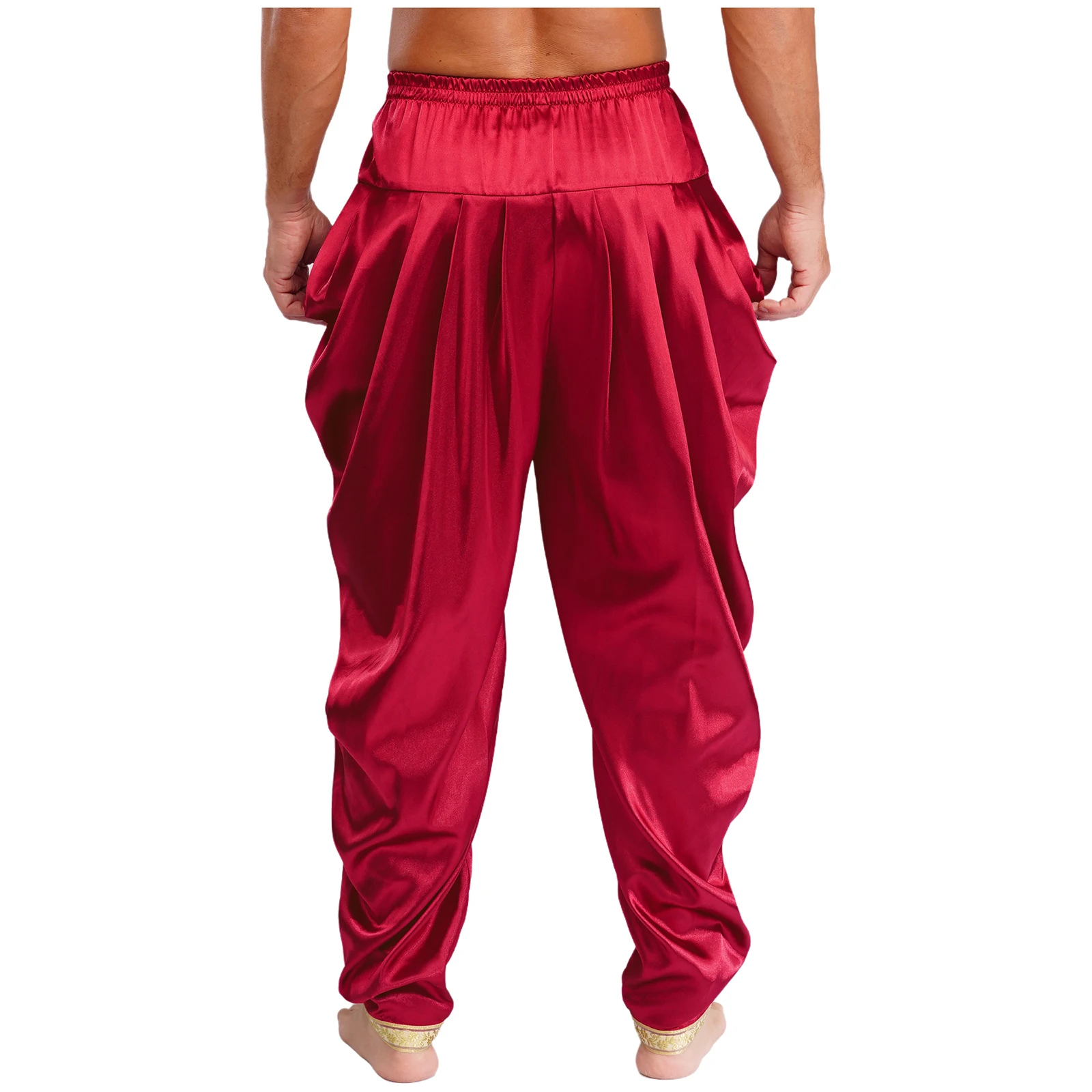 Men Festival Costume Set Cosplay Costume Men Arabian Prince Costume Satin Dhoti Pants Elastic Waistband Draped Baggy Bloomers Adult Halloween Carnival Cosplay Trousers